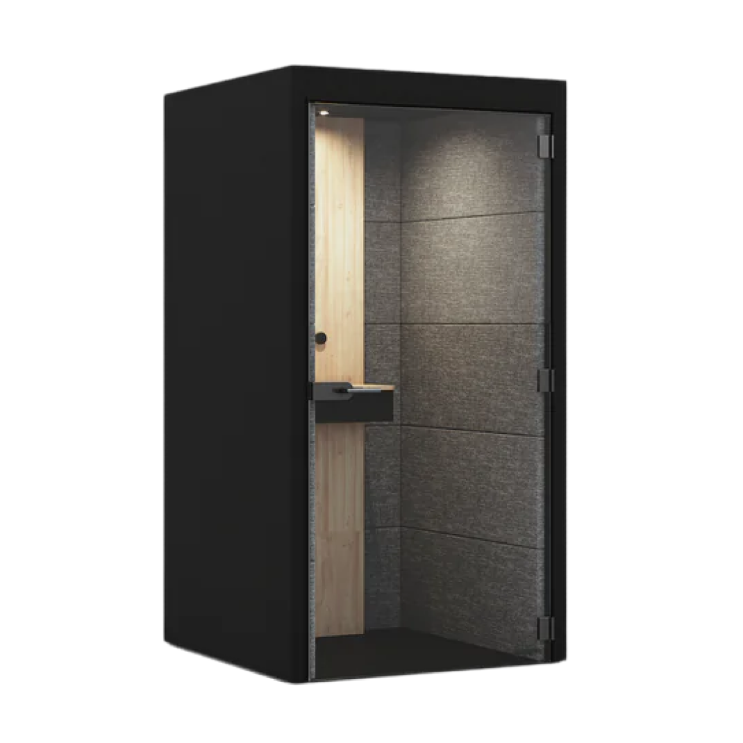 Modern black infrared sauna cabin with transparent door on white background. (Black)